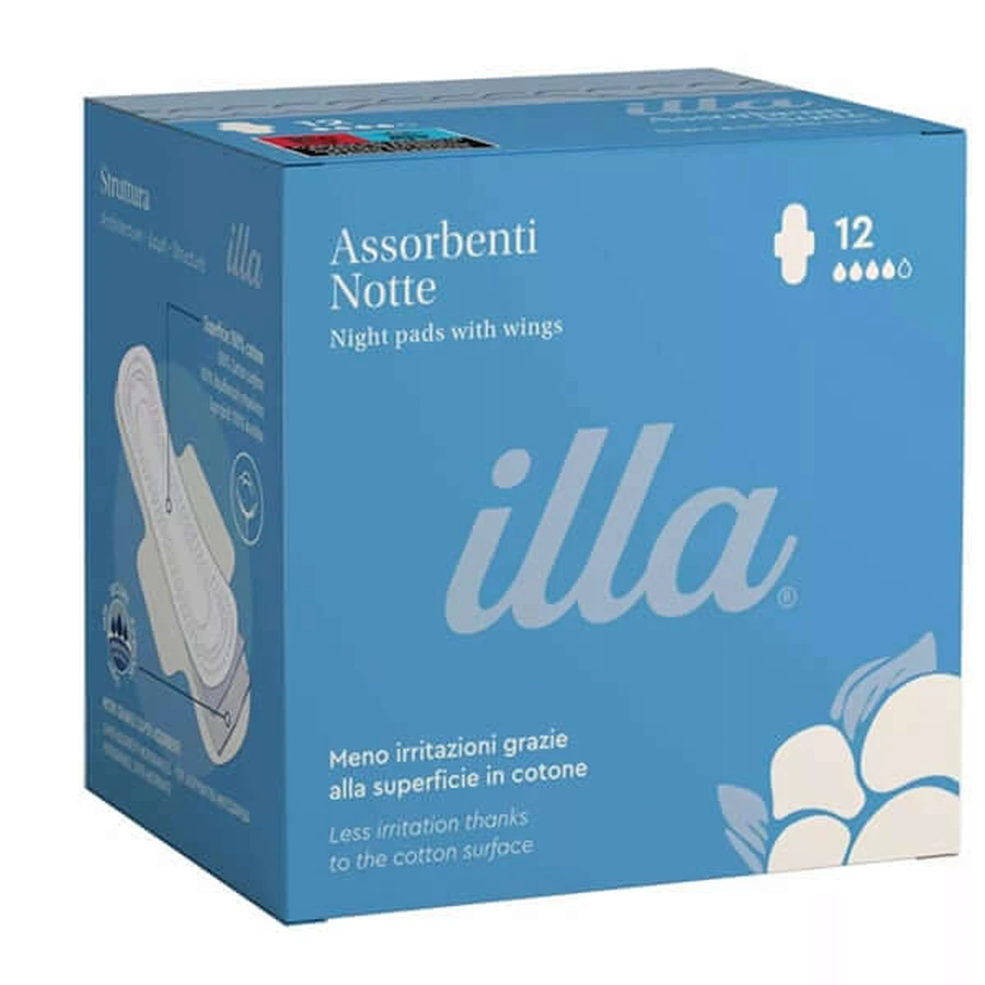 Illa Care - Serviettes hygiéniques de nuit en coton avec plumes - 12 pièces