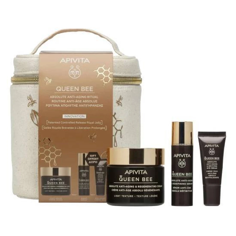 APIVITA Set Queen Bee Absolute Anti-Aging & Regeneration Cream Light Texture Anti-Aging Cream 50ml + cadou Queen Bee Absolute Anti-Aging Serum Anti-Aging Face Serum 10ml + Queen Bee Eye Cream 5ml + 1buc.