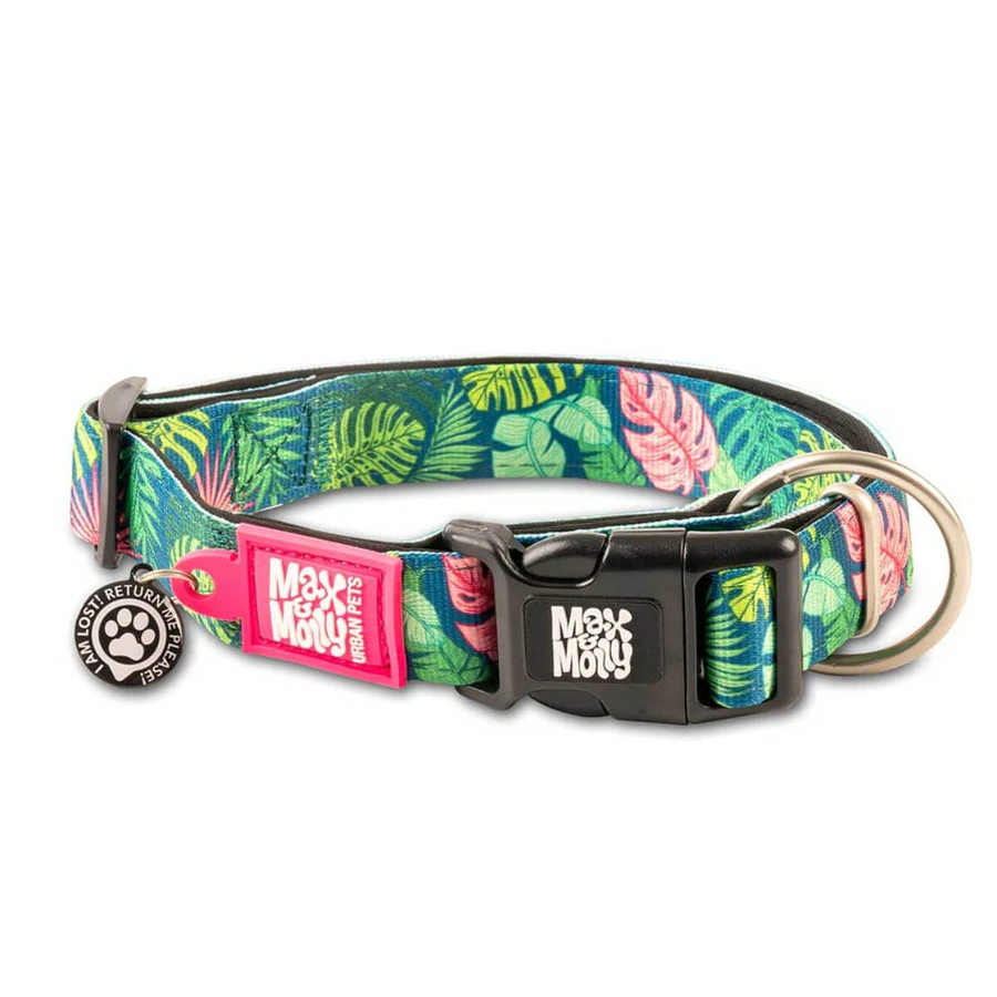 MAX & MOLLY Smart ID Tropical, dog collar, adjustable, polyester, multicolor green, trident buckle, M(34-55 x 2cm)