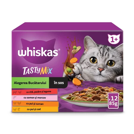 WHISKAS Tasty Mix Chef's Choice, Zalm, Rund, Kip & Gevogelte, Kip & Kalkoen, Kip & Kabeljauw, zakje nat kattenvoer, (in saus), multipack, 85g x 12