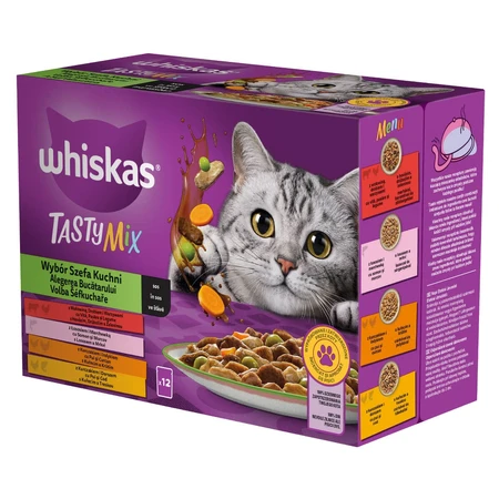 WHISKAS Tasty Mix Chef's Choice, Zalm, Rund, Kip & Gevogelte, Kip & Kalkoen, Kip & Kabeljauw, zakje nat kattenvoer, (in saus), multipack, 85g x 12