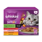 WHISKAS Tasty Mix Chef's Choice, Zalm, Rund, Kip & Gevogelte, Kip & Kalkoen, Kip & Kabeljauw, zakje nat kattenvoer, (in saus), multipack, 85g x 12