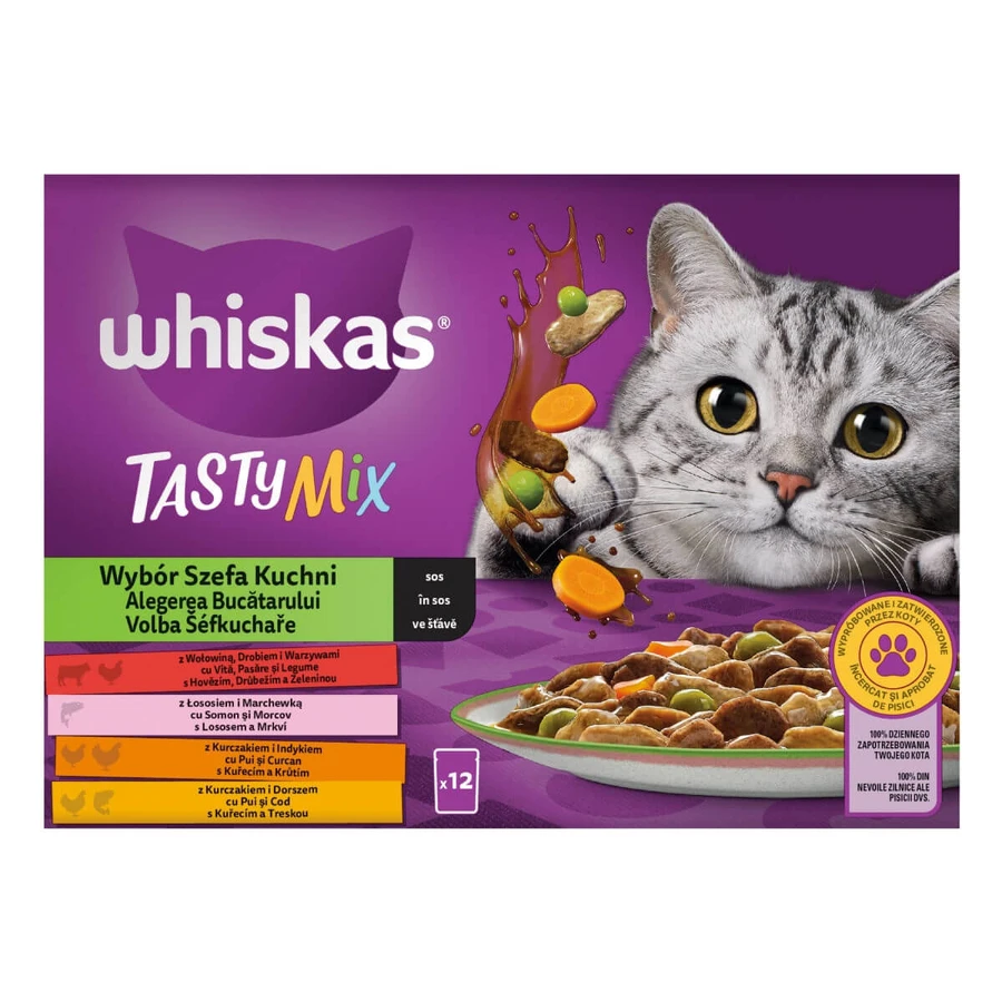 WHISKAS Tasty Mix Chef's Choice, Zalm, Rund, Kip & Gevogelte, Kip & Kalkoen, Kip & Kabeljauw, zakje nat kattenvoer, (in saus), multipack, 85g x 12
