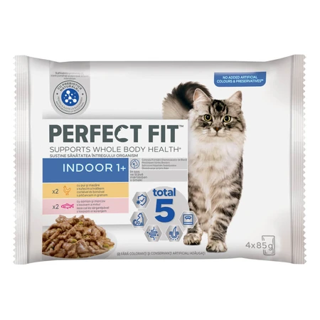 PERFECT FIT Cat Indoor 1+, Poulet, Saumon, sachet de nourriture humide pour chat, (en sauce), multipack, 85g x 4pcs