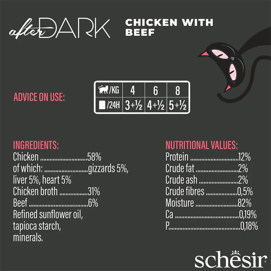 SCHESIR After Dark, Kip en Rund, graanvrij natvoer in blik, (in soep), 80g