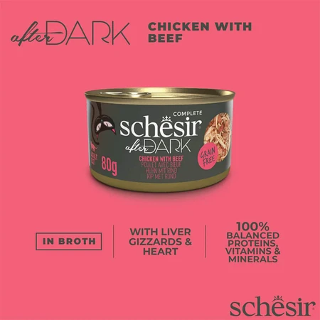 SCHESIR After Dark, Kip en Rund, graanvrij natvoer in blik, (in soep), 80g