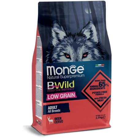 MONGE BWild, XS-XL, Hert, droogvoer met laag graangehalte voor honden, 2.5kg