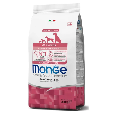 MONGE Natural Superpremium Monoprotein Puppy&Junior, XS-XL, Rund en Rijst, droogvoer voor jonge honden, 2,5kg