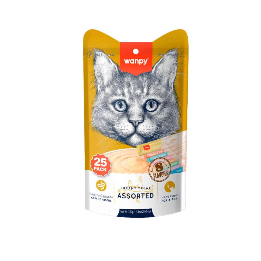 WANPY Creamy Treat Assorted 8 Flavors, Thunfisch, Lachs und Huhn, Belohnungsbeutel für Katzen, (Püree), 350g
