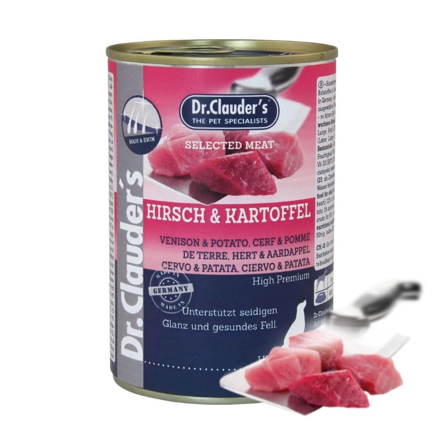 DR. CLAUDER'S Selected Meat, XS-XL, Hert en Aardappelen, graanvrij hondenvoer in blik, (op eigen sap), 400g
