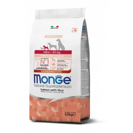 MONGE Natural Superpremium Monoprotein Puppy&Junior Mini, XS-S, Łosoś & Ryż, sucha karma dla młodszych psów, 2,5kg: ceny i cechy