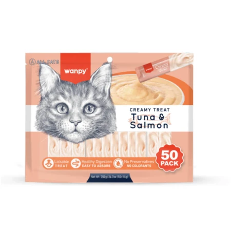 WANPY Creamy Treat, Ton și Somon, punguță recompense pisici, (piure), 700g
