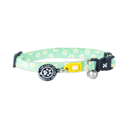 MAX & MOLLY Smart ID Daisies, cat collar, adjustable, polyester, green, trident buckle, 22-35 x 1cm
