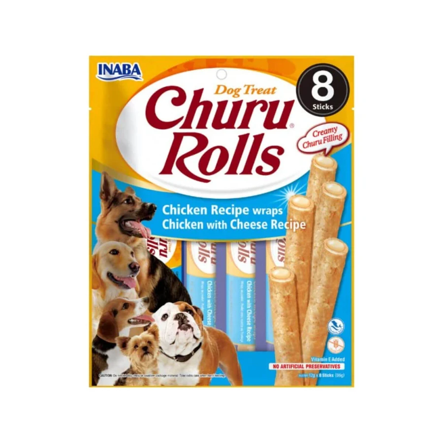 INABA Churu Rolls, XS-XL, Pollo e Formaggio, sacchetto di ricompensa per cani senza cereali, 96g