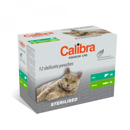 CALIBRA Premium Line Sterilized, Liver and Salmon, sachet wet food for sterilized cats, (in sauce), multipack, 100g x 12pcs