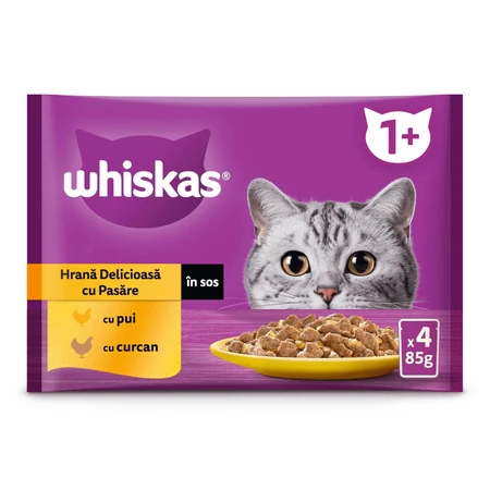 WHISKAS Selections Poultry, Chicken and Turkey, sachet wet cat food, (in sauce), multipack, 85g x 4
