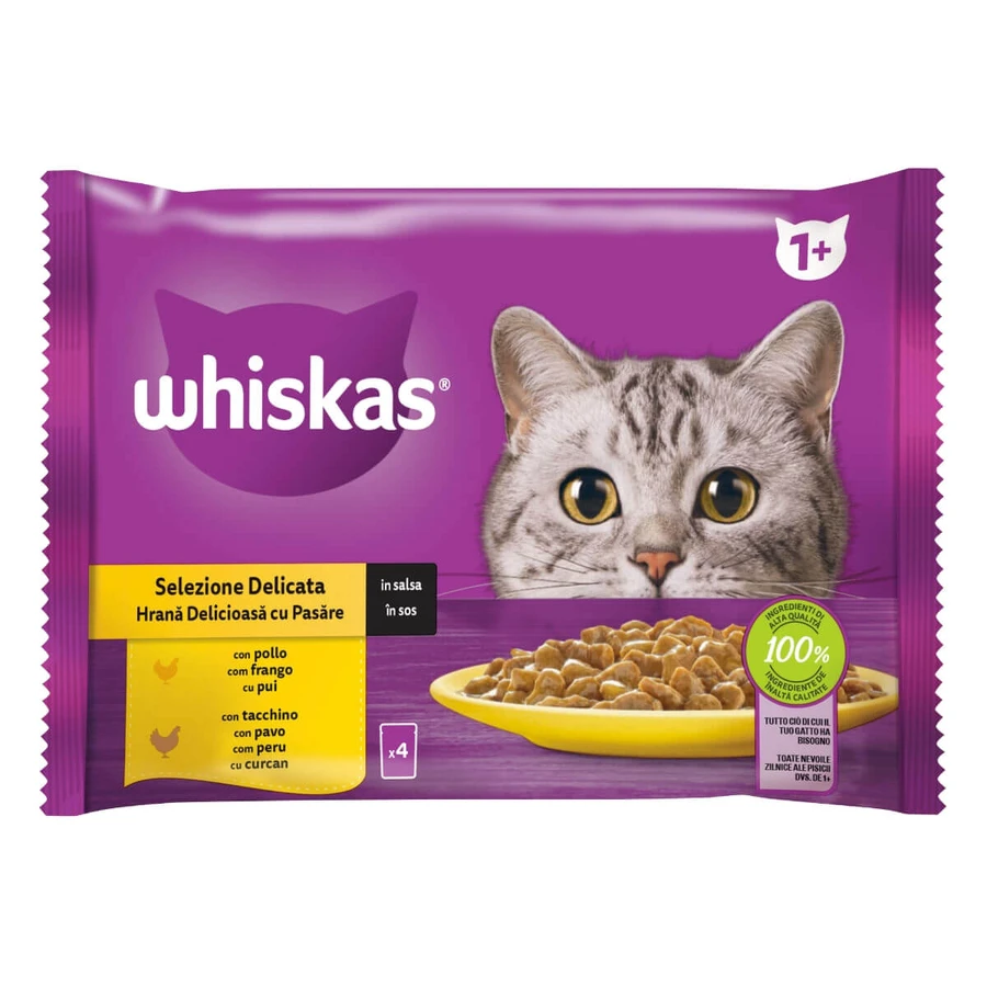 WHISKAS Selections Poultry, Chicken and Turkey, sachet wet cat food, (in sauce), multipack, 85g x 4