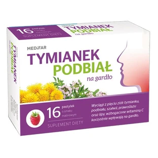 MEDiFAR Thymian und Huflattich für den Hals, Lutschtabletten, Himbeergeschmack, 16 Stück.