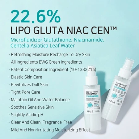 APLB Glutathione Niacinamide Mist Essence, gezichtsverhelderende mist-essence met glutathion en niacinamide, 105 ml