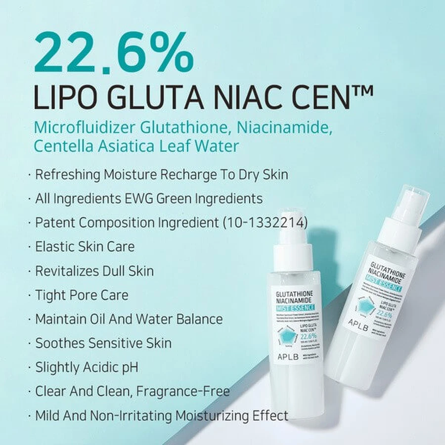 APLB Glutathione Niacinamide Mist Essence, gezichtsverhelderende mist-essence met glutathion en niacinamide, 105 ml