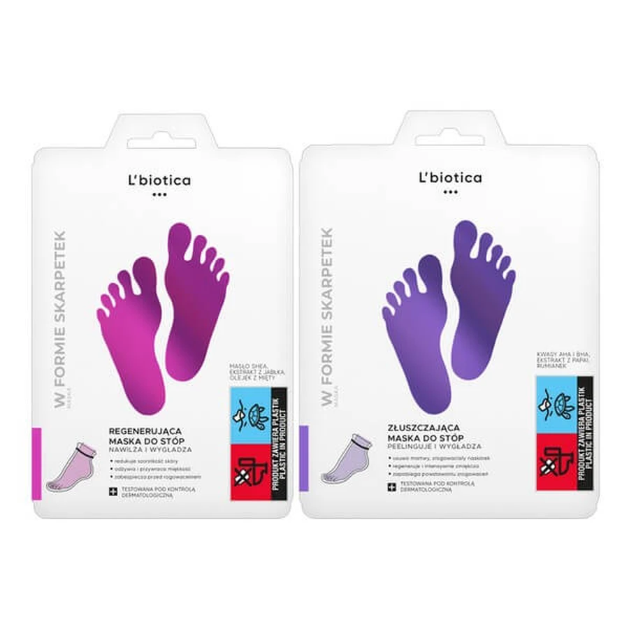 Zestaw L`Biotica, regenerująca maska do stóp, 32 ml + złuszczająca maska do stóp w postaci nasączonych skarpetek, 40 ml: ceny i cechy