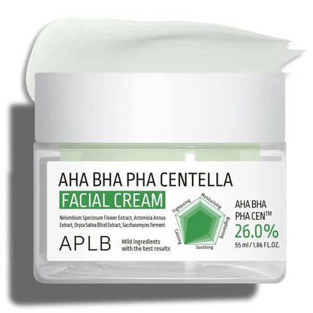 APLB AHA BHA PHA Centella Facial Cream, cremă de față exfoliantă și calmantă cu acizi și Centella Asiatica, 55 ml