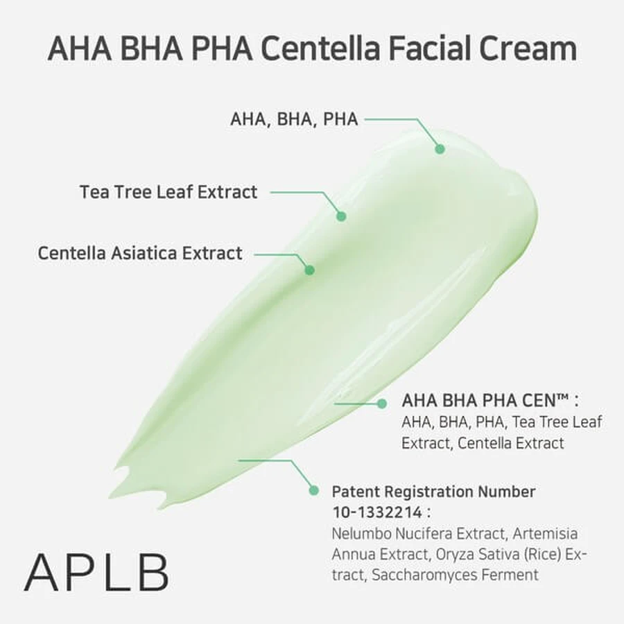 APLB AHA BHA PHA Centella Facial Cream, cremă de față exfoliantă și calmantă cu acizi și Centella Asiatica, 55 ml