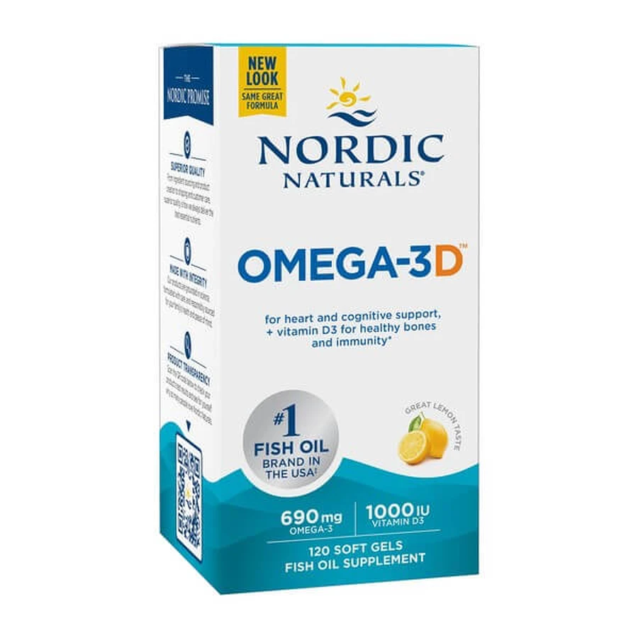 Nordic Naturals, Omega-3D 690 mg, capsule, aromă de lămâie, 120 buc.