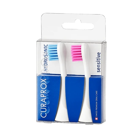 Curaprox Hydrosonic Sensitive Duo, sonische opzetborstels, blauw en roze, 2 stuks.