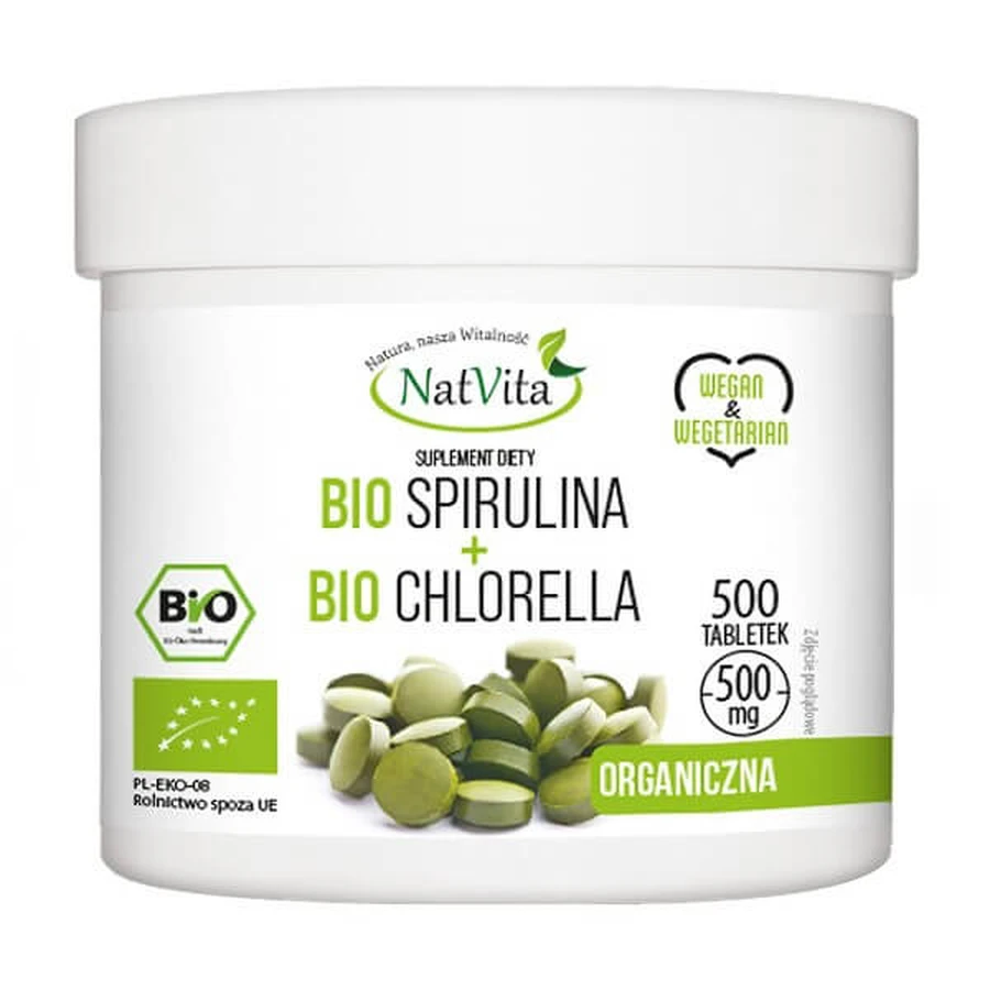 NatVita, Bio Spirulina + Bio Chlorella, comprimidos, 500 uds.
