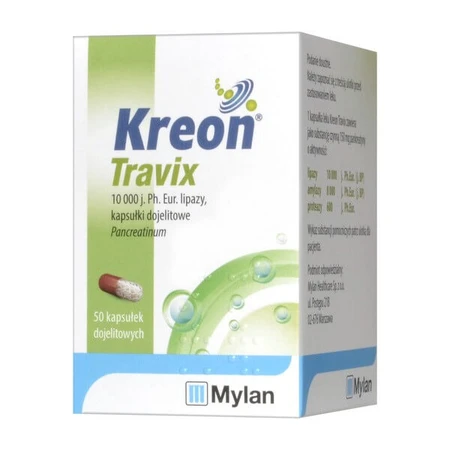 Set Kreon Travix, 10.000, enterale Kapseln, 50 Stk. (Flasche) + Vitaminum E, (300 mg / ml), Tropfen, 10 ml (Medana)