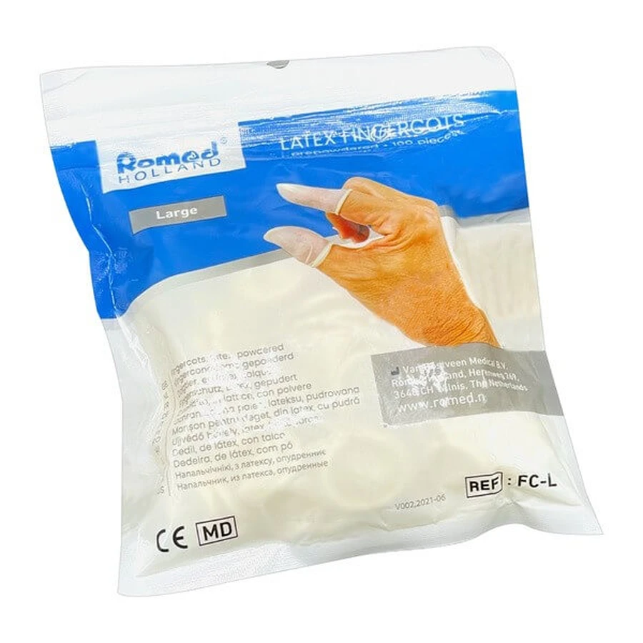Romed, latex teenkappen, maat L, 100 stuks.