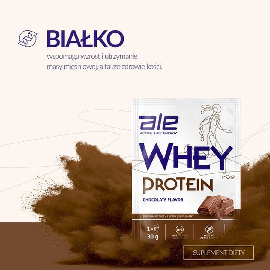 ALE Whey Protein cu aromă de ciocolată, pulbere, 30 g