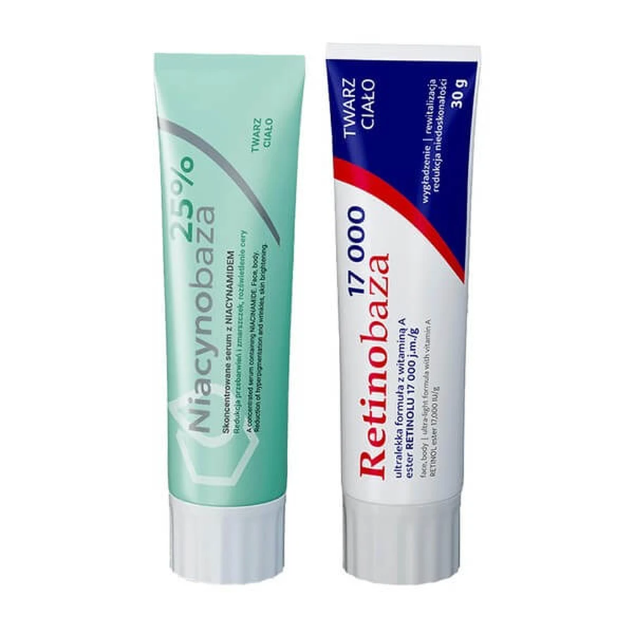 Set Niacinobase 25%, geconcentreerd serum met niacinamide, 30 g + Retinobase 17000, farmaceutische vitamine A-crème, 30 g