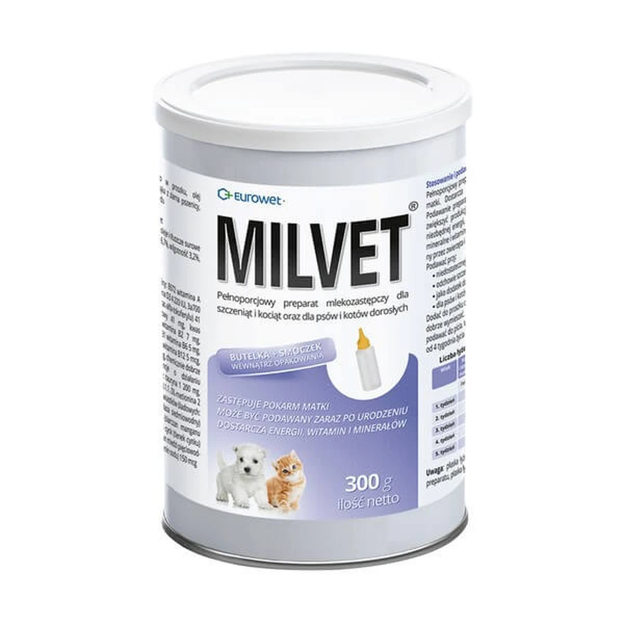 Milvet, înlocuitor complet de lapte pentru căței și pisoi și câini și pisici adulte, pulbere, 300 g