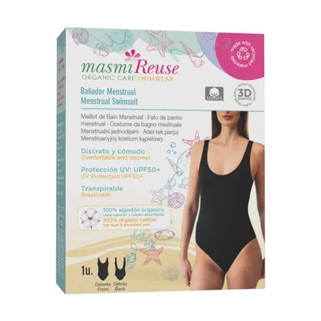 Masmi Reuse Menstrual one-piece swimsuit UPF 50+, black, size XS, 1 piece.