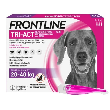 Frontline Tri-Act Spot-on L Chien 20-40 kg, triple protection contre les parasites, gouttes en pipettes, 4 ml x 3 pcs.