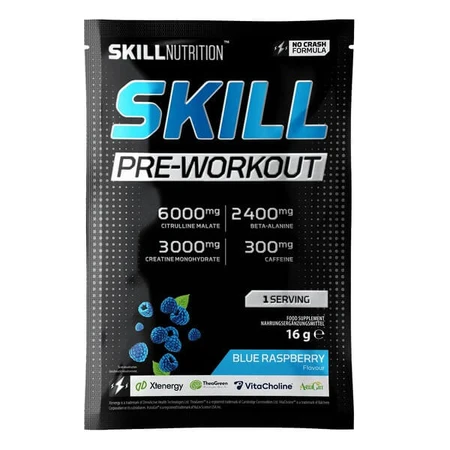 Skill Nutrition Pre-Workout, powder, blue raspberry flavor, 16 g