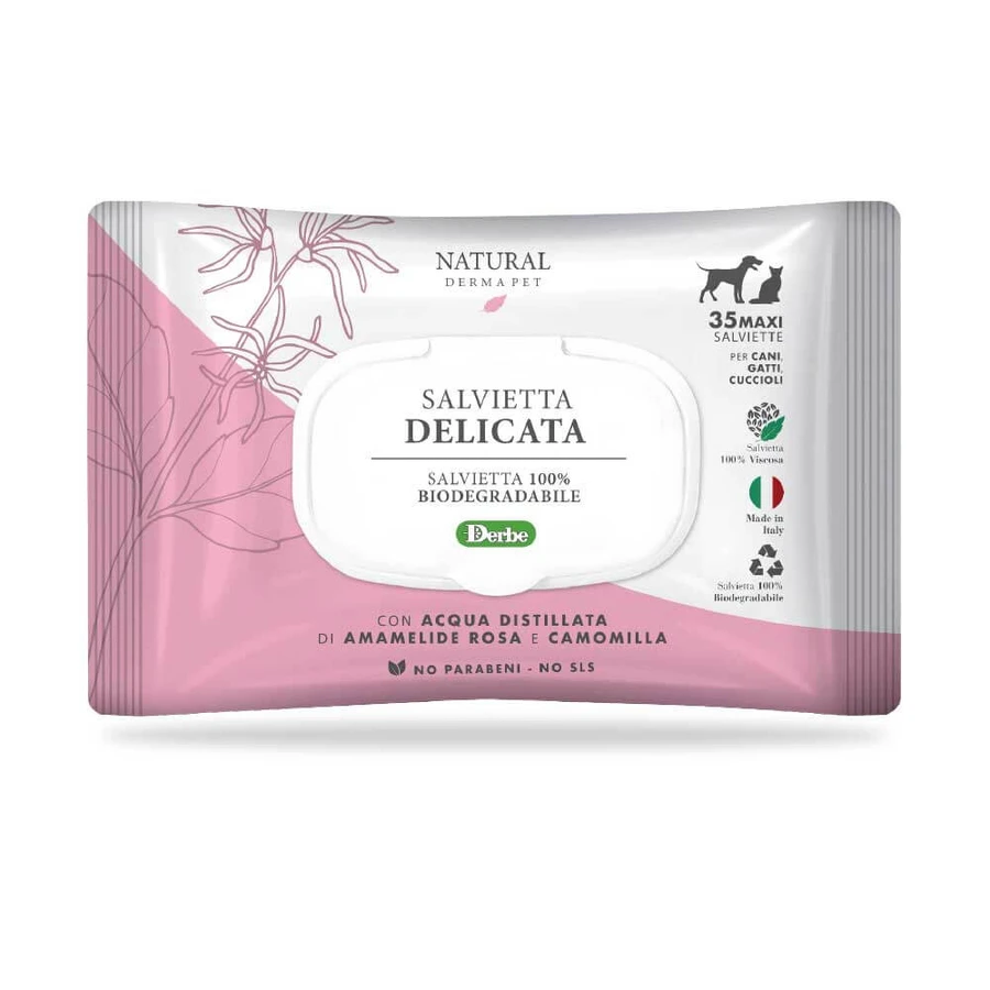 NATURAL DERMA PET WIPE "DELICAT" CF. (35 BUC.) APĂ DISTILATĂ DE HAMAMELIS, TRANDAFIR ȘI MUȘEȚEL