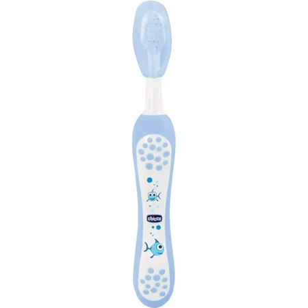 Set de igienă orală Chicco cutie albastră cu periuță de dinți + pastă de dinți căpșuni 12m+