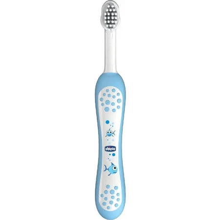 Set de igienă orală Chicco cutie albastră cu periuță de dinți + pastă de dinți căpșuni 12m+