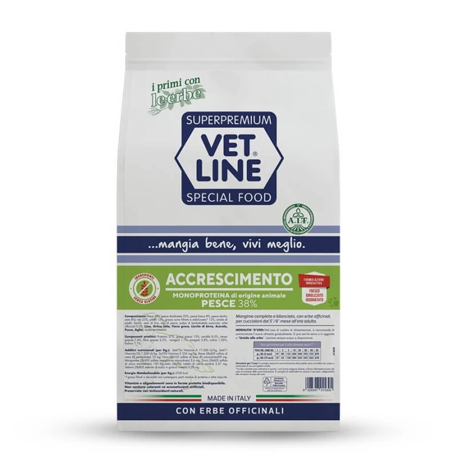 Vet line Accrescimento monoproteico pesce - alimento completo per cani in crescita con intolleranze 12,5 kg