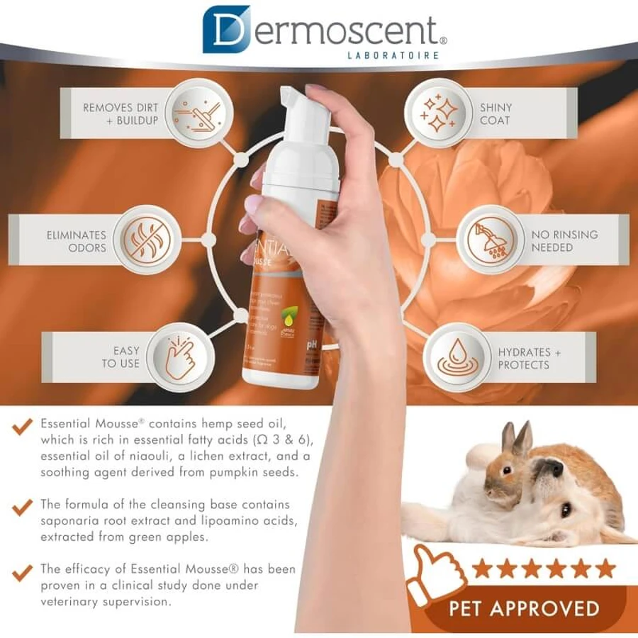 Dermoscent Essential mousse - limpiador hidratante calmante sin aclarado para perros y gatos 150 ml