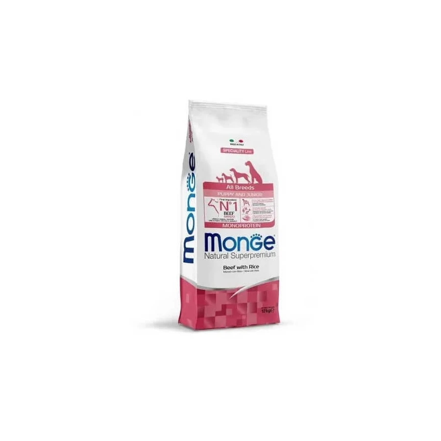 Monge Puppy &amp; junior all breeds with beef and rice - dry food for dogs 12 kg