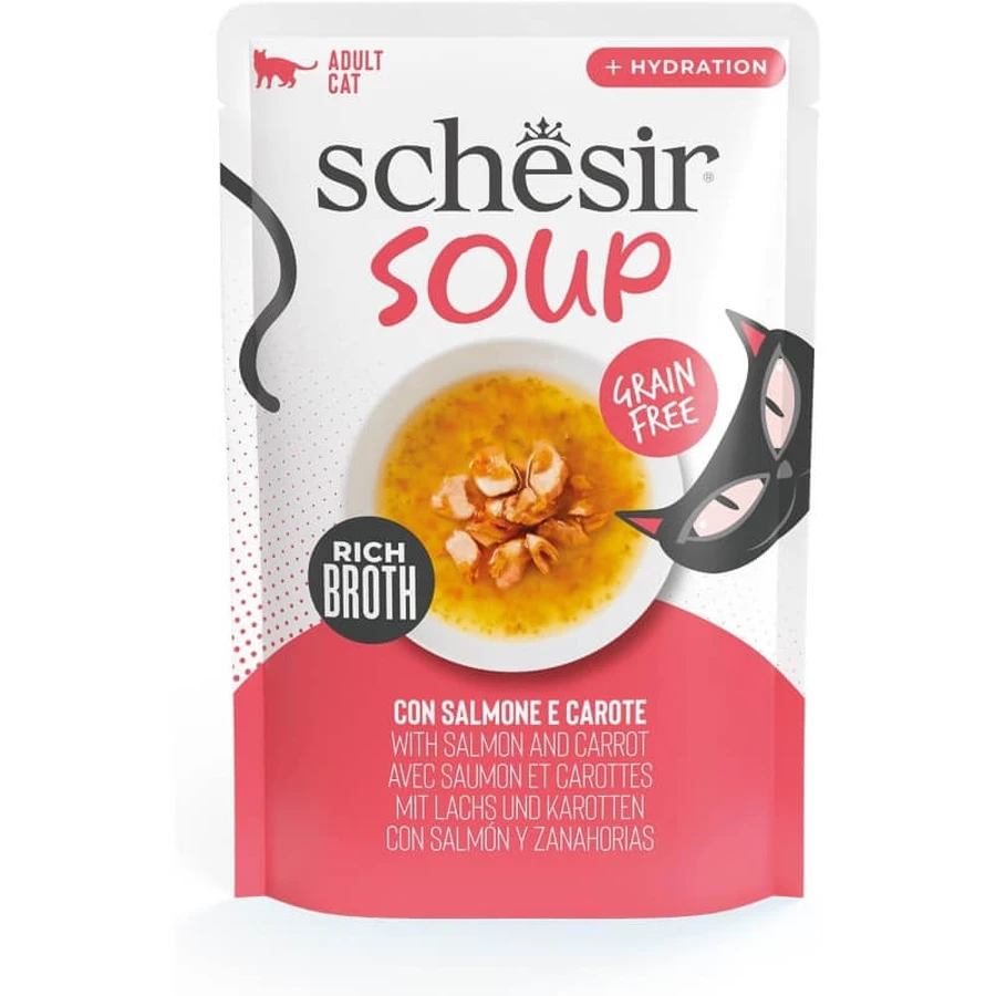 Schesir Soup somon și morcovi - hrană completă pentru a promova hidratarea la pisici 40 g