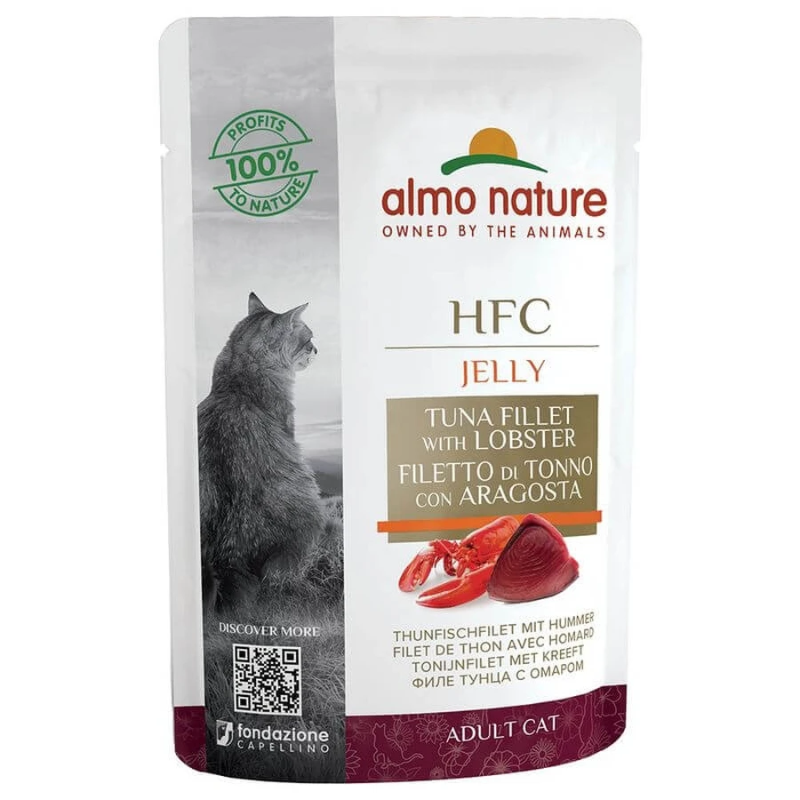 Almo nature Hfc jeleu ton și homar - hrană umedă complementară pentru pisici adulte cu bile de păr 55 g
