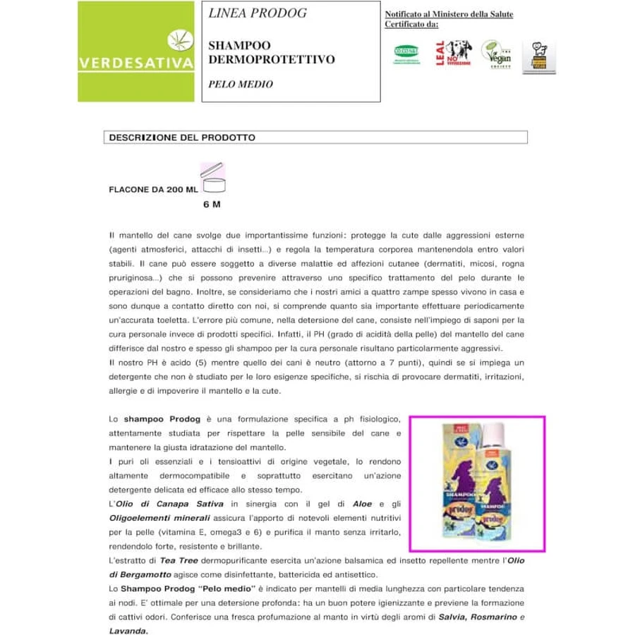 Verdesativa Prodog - dermoprotectieve shampoo voor honden medium vacht 200 ml
