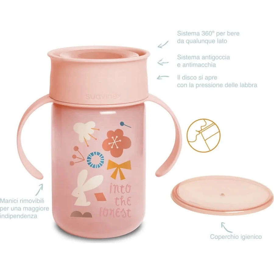 Suavinex 360° trainingsbeker bos - 12m+ 340ml roze beker met handvatten