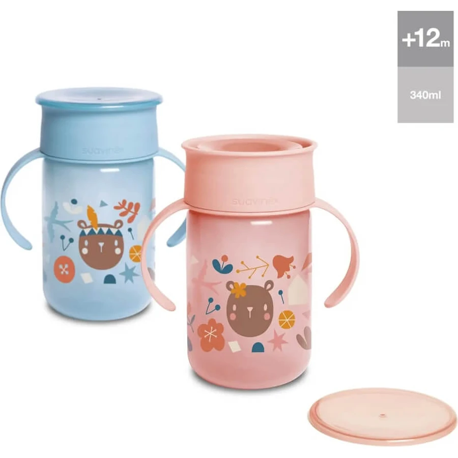 Suavinex 360° trainingsbeker bos - 12m+ 340ml roze beker met handvatten