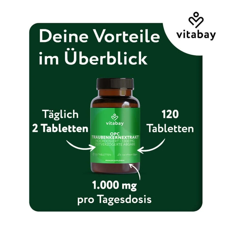 Vitabay OPC Extracto de semilla de uva 1000 mg dosis alta 120 St